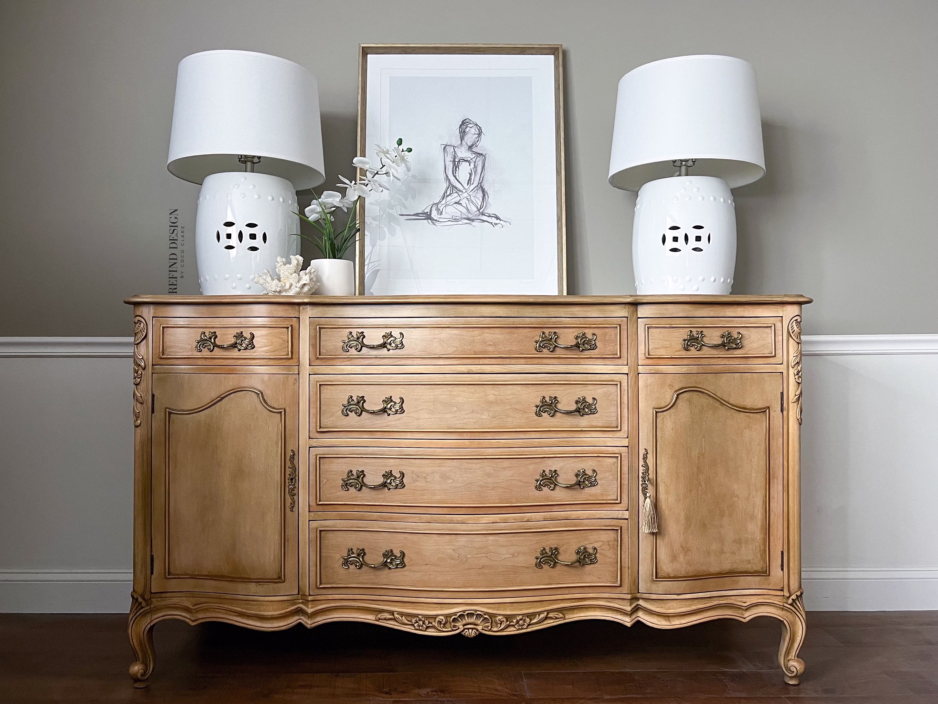 Antique French Provincial Buffet, Bleached Wood Sideboard, Transitional Credenza