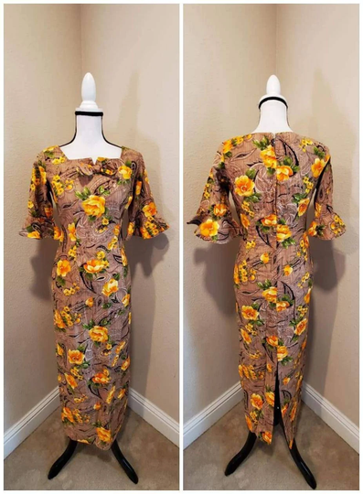 Vinyage 1960S Kamani O Hawaii Cotton Midi-Maxi Pencil Dress Floral Paisley Earthtones Fall Colors Bell Bottom Sleeve Medium