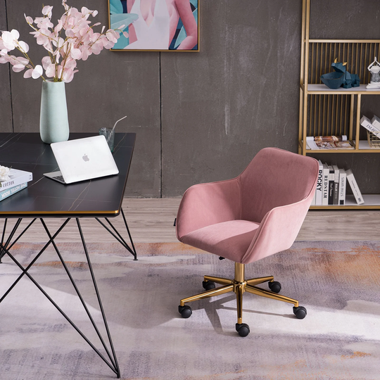 Modern Velvet Pink Material Adjustable Height 360 Revolving Home Office Chair with Gold Metal Legs and Universal Wheel
