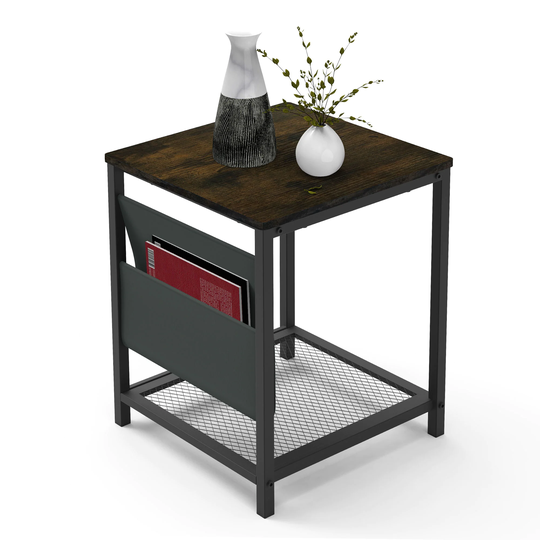 Side Table with Storage Bag, Square End Table with Grid storage rack, Sofa Table in Rustic Brown
