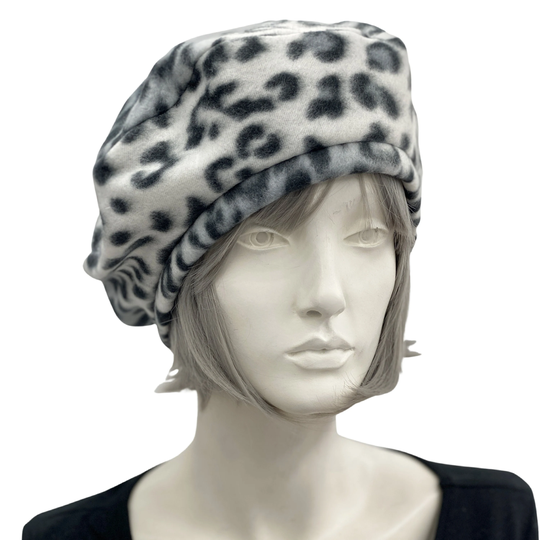 Beret Hat, Leopard Print Fleece Or Black Satin Lined Winter 50Th Birthday Gift, Best Friend Gifts, Handmade in Usa