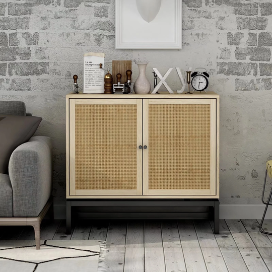 2-Door Accent Cabinet Storage Cabinet With Rattan Skin Decoration Black Metal Base,Adjustable Shelf,For Kitchen, Living Room