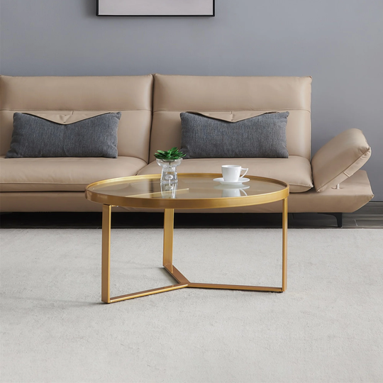 EPOWP Modern coffee table,Golden metal frame with round tempered glass tabletop