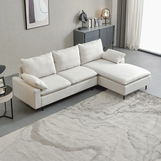 100" L-Shaped linen Fabric sectional sofa with chaise, Polyester filled backrest, Adjustable height metal legs, With 2 pillows