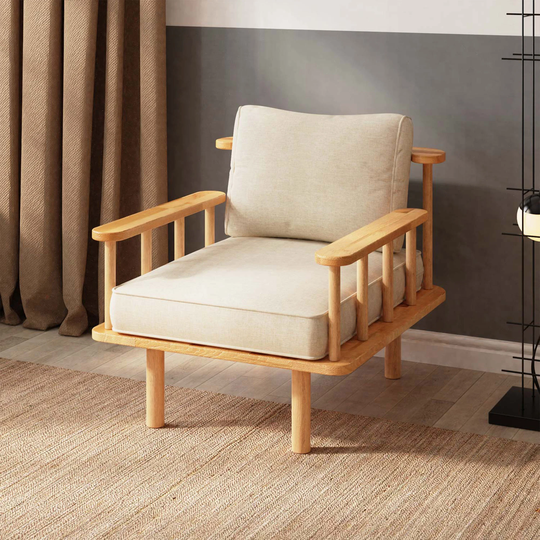 Solid Wood Single Sofa With Demontha, Modern Armchair, Living Room Accent Chair, Linen Comfy Handmade Sofas