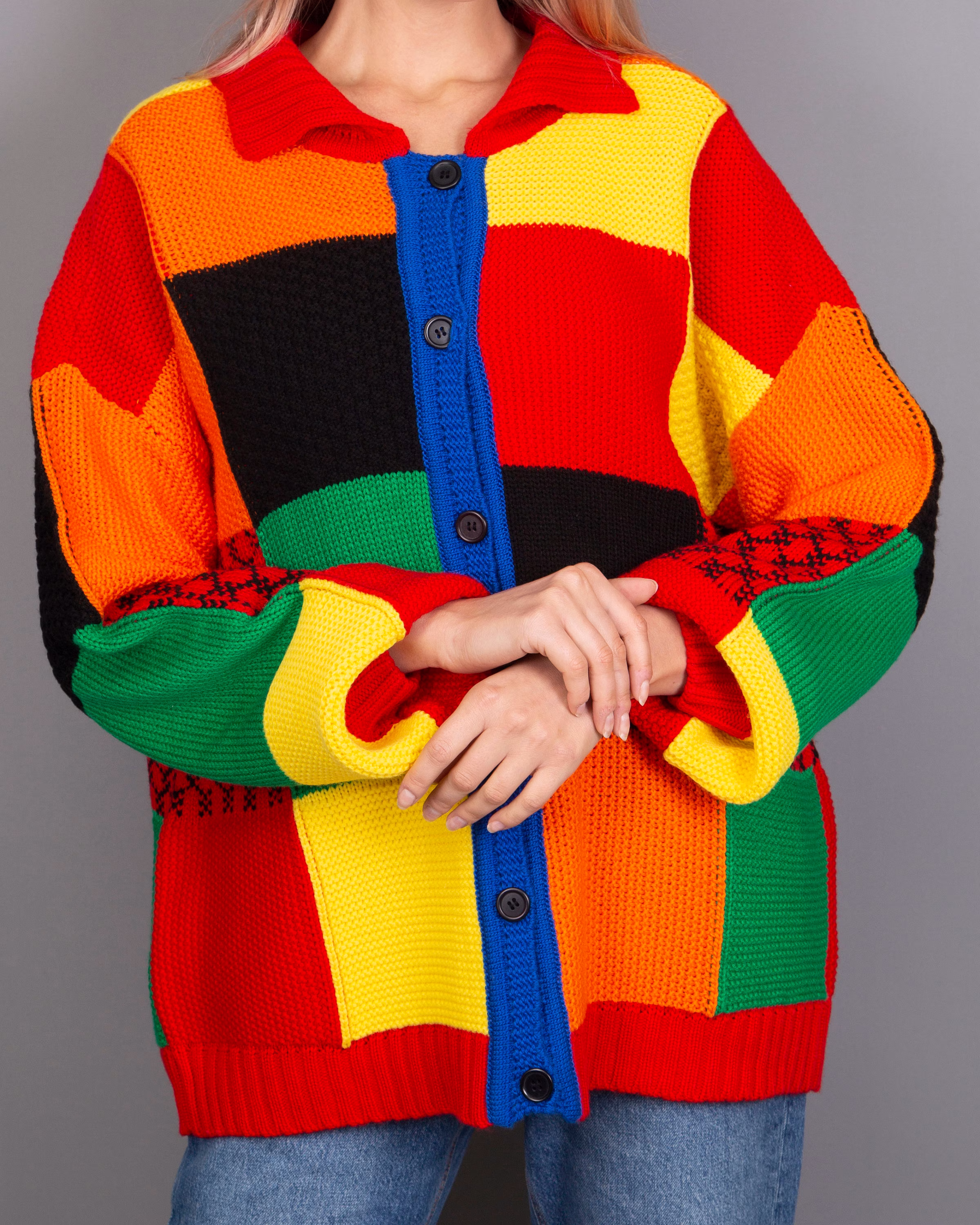Colorful Cardigan - Hand-Knit Embroidery Multi Color For Men- Patchwork Gift Her For Him Birthday Girlfriend
