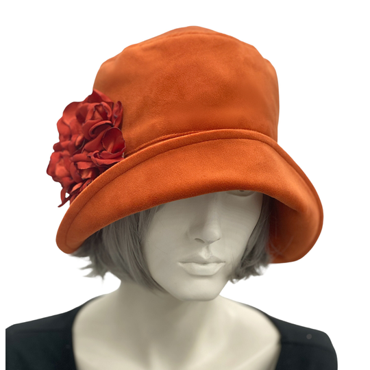 Burnt Orange, Velvet Cloche Hat Women, Elegant Formal Womens Hats, With Satin Hydrangea Flower Brooch, Or Choose Your Color, Handmade Usa