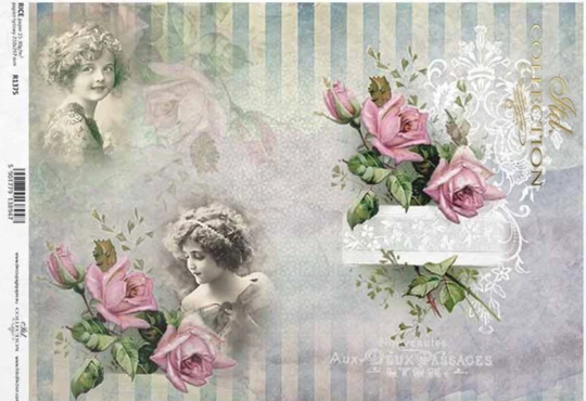 Rice Paper For Decoupage, Vintage Women With Roses, Decorative Mulberry Tissue, Card Making