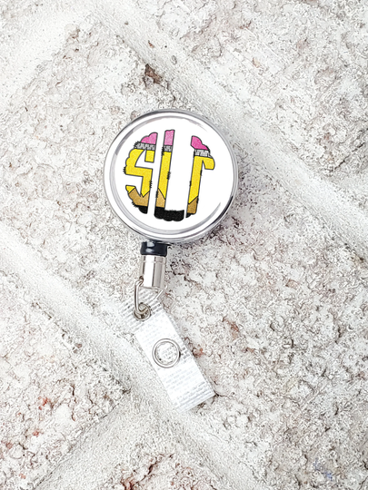 Monogram Badge Holder, Teacher Id Reel, Pencil Monogram, Appreciation Gift, Personalized Badge Holder, Retractable Reel