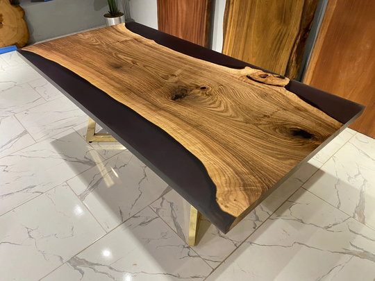 Walnut Black Epoxy Dining Table, One Piece Slab Modern Resin Live Edge Dine Custom Order Natural Handmade