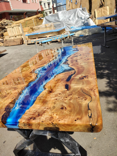 Ocean Table, Poplar Custom 68" X 36" Wood Shiny Blue Epoxy River Live Edge Order For Jody