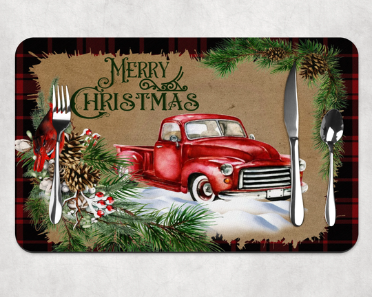 Set Of 2 Red Truck Christmas Table Placemats, Christmas Table Decor, Holiday Decoration, Country Rustic
