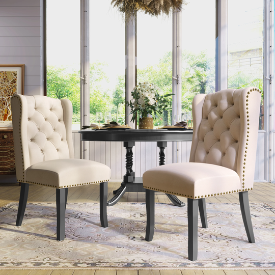 EYIW Set of 2 Cotton Fabric Dining Chairs, Upholstered Wingback Dining Room Chairs with Solid Wood Legs and Button Tufting