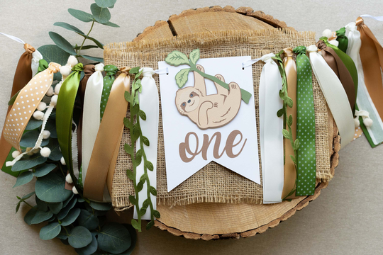 Sloth High Chair Banner 1st Birthday Neutral Earth Tones Green Tan Brown Decor