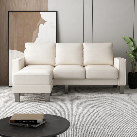 3 Seats Sofa Polyester L-shape Sectional Sofa with Convertible Ottoman & Wood Legs
