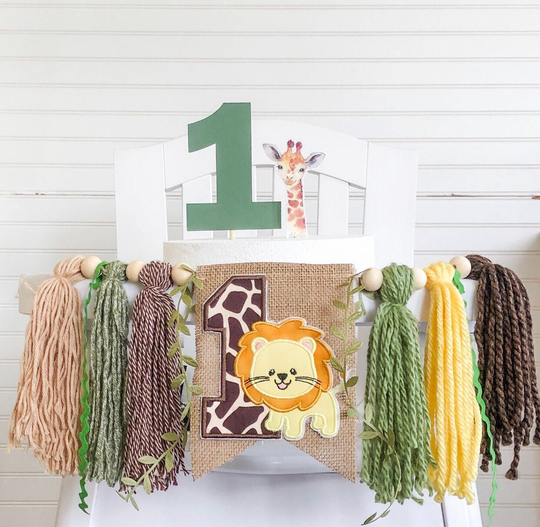 Lion Safari Birthday High Chair Yarn Tassel Banner, Cake Smash Backdrop First Birthday, Topper