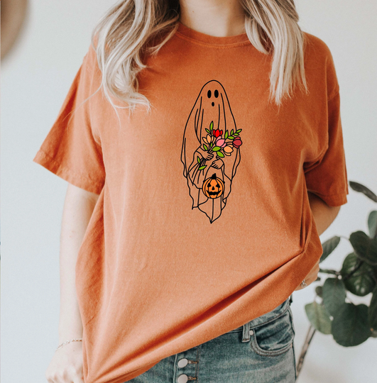Halloween Ghost Shirt, Comfort Colors Party Floral Trick Or Track T-Shirt For Women