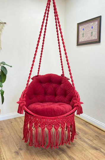 Red Macrame Swing Chair, Hanging Cotton Hammock Handmade