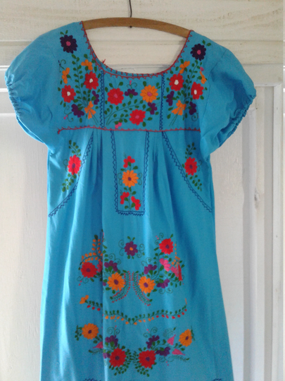 Vintage Colorful Embroidered Dress ~ Multi Color Flowers On Blue 60's 70's Long Cotton Mexican/Hippie Chic