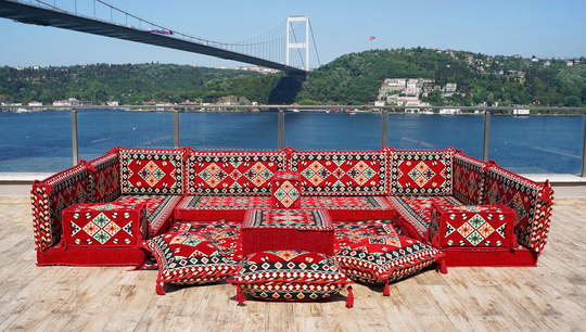 Traditional U Shaped Floor Couch, Red Arabic Majlis, Sofa, Loveseat, Ethnic Jalsa, Moroccan Sectional Sofa