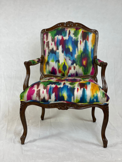 Available-Free Shipping - French Bergere Chair With Rainbow Watercolor Fabric