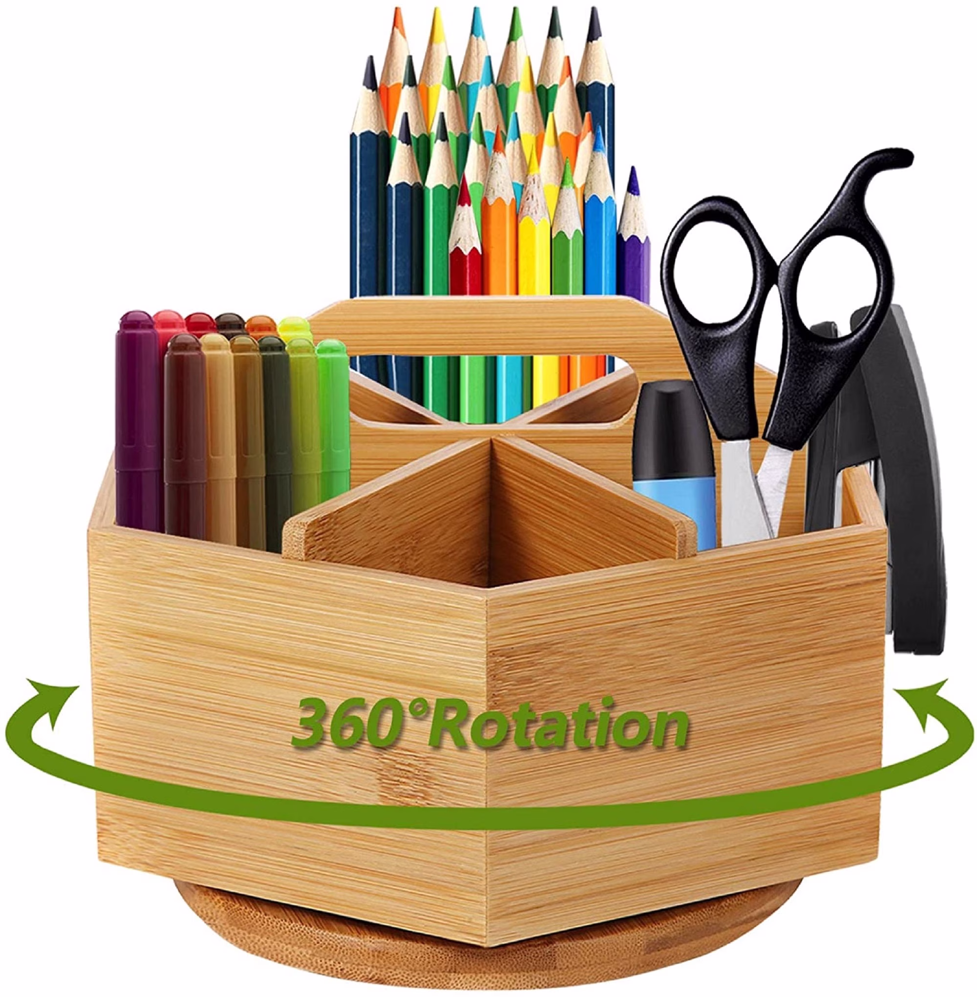 Bamboo Art Supply Organizer Rotating Pencil Pen Holder With 6 Compartments Hold 400+ Pencils Office Supplies