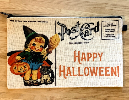 Halloween Make Up Bag, Change Purse, Zippered Pouch, Pencil Case. Vintage Post Card Witch