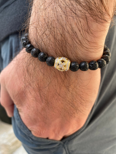 Men's Lava Beaded Bracelet With Large 14K Diamond Bead - Stretch