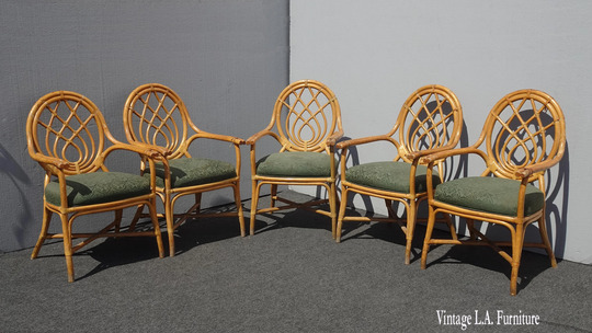 Set Of Five Vintage Coastal Tiki Palm Beach Style Bamboo Chairs French Country