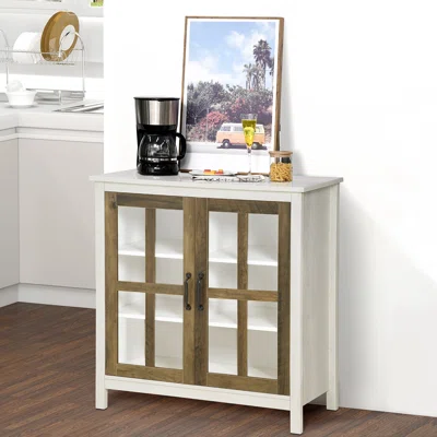 Newlon Kitchen Sideboard, Glass Door Buffet Cabinet, Accent Cupboard With Adjustable Storage Shelf For Living Room, Black Wood Grain
