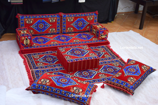 Red Blue Oriental Floor Seating Sofa Ottoman Pouffe Pouf Couch Arabic Majlis Rug Middle East Home Decor Moroccan Bohemian Furniture