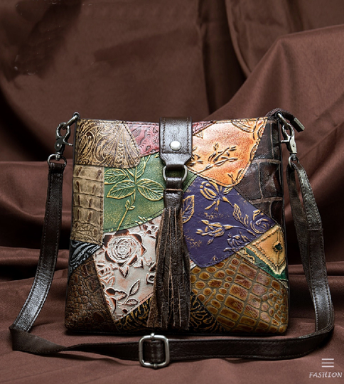 Color Patchwork Bag, Vintage Colorful Women's Shoulder Bag Genuine Leather Designer For Female Gift