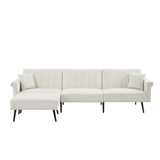 L-shape Sectional Sofa with Ottoman, Elegant Line Design Folding Futon Sofa Bed with Nailhead Trim