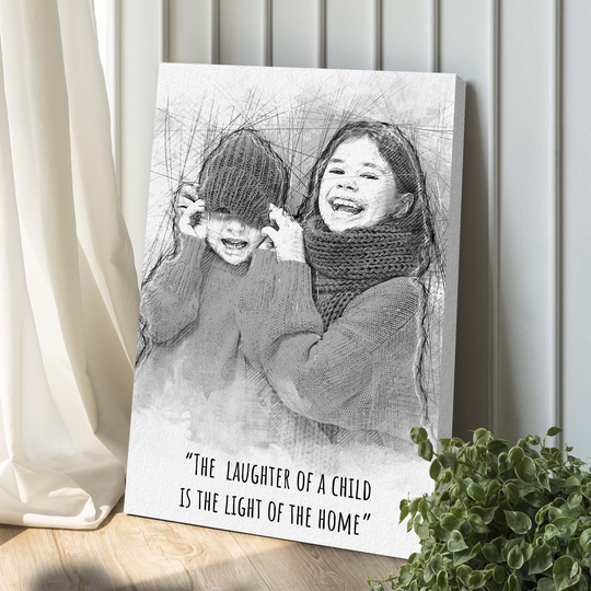 Kids Pencil Sketch Portrait, Family Gift Portrait, The Laughter Of A Child Is The Light Home Sign, Personalized Portrait From Photo