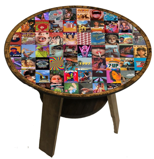 Small End Table Retro Culture Collage | 70S 80S 90S Album Cover Art, Vintage Ads Handmade Furniture Memorabilia Decor