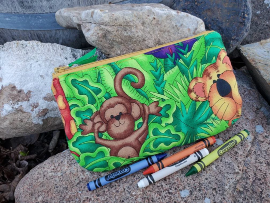 Jungle Animal Zipper Bag, Pencil Pouch, Lion Makeup Bag, Hippo Cosmetic Zoo Kids Crayon Pouch