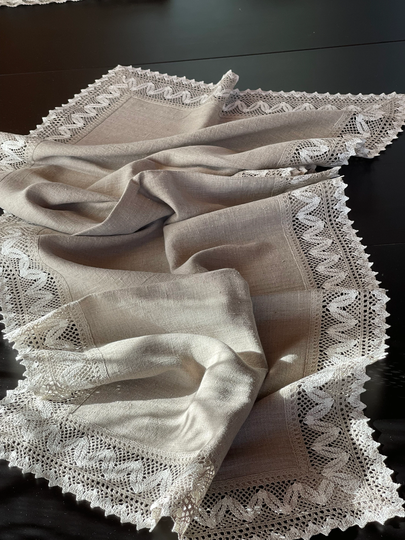 Rustic Linen Table Runner Grey Vintage Runners Stonewashed Farmhouse 4 Sided Grey/White Beautiful Lace
