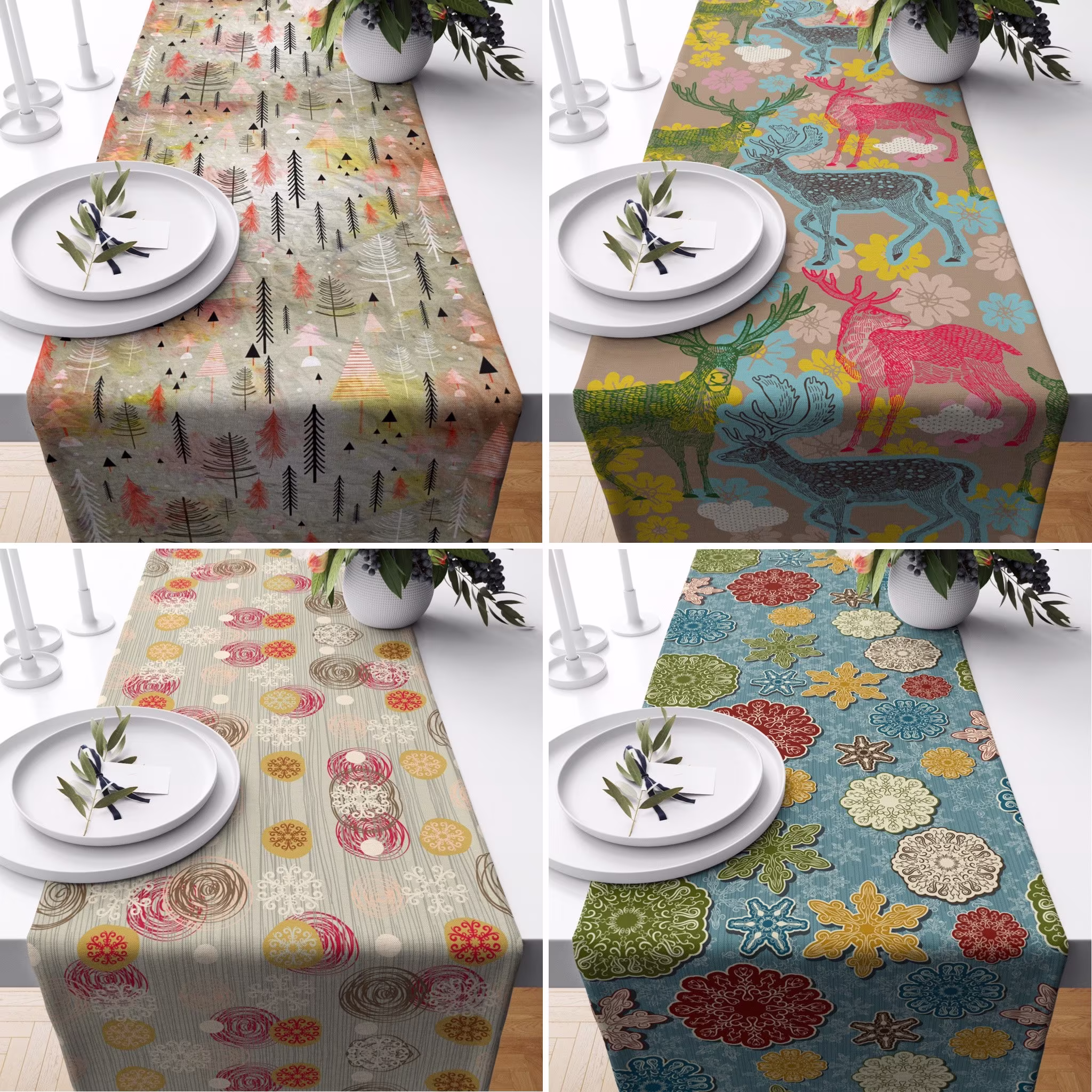 Winter Table Runner, Snowflake Kitchen Deer Tablecloth, Christmas Decor, Colorful Decors, New Year's Gift