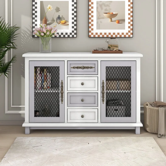 Retro Storage Cabinet Buffet Sideboard with 4 Drawers and 2 Iron Mesh Doors for Living Room and Entryway