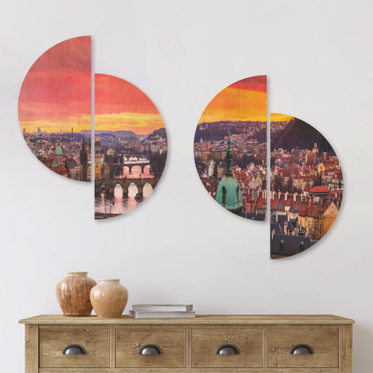 Designart 'Bridges in Prague Panorama' Landscape Wood Wall Art Set of 4 Half Circles - Multi-Color