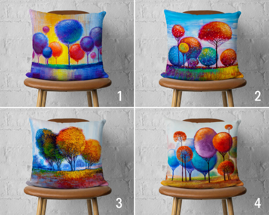 Colorful Tree Painting Pillow Cover, Forest Landscape Case, Vivid Color Lumbar Cushion Patio Decor, Living Room Textile
