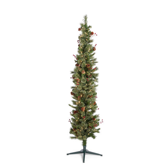 Home Heritage 7' Pencil Prelit Artificial Holiday Tree, Pine Cones & Berries - 13.65