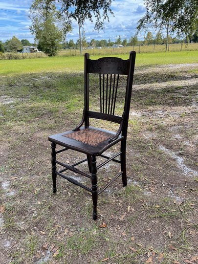 Press Back Chair, Antique Wood Antique Furniture, Dark Cane Dinning Seat Chair, Spindle Back Side Chair