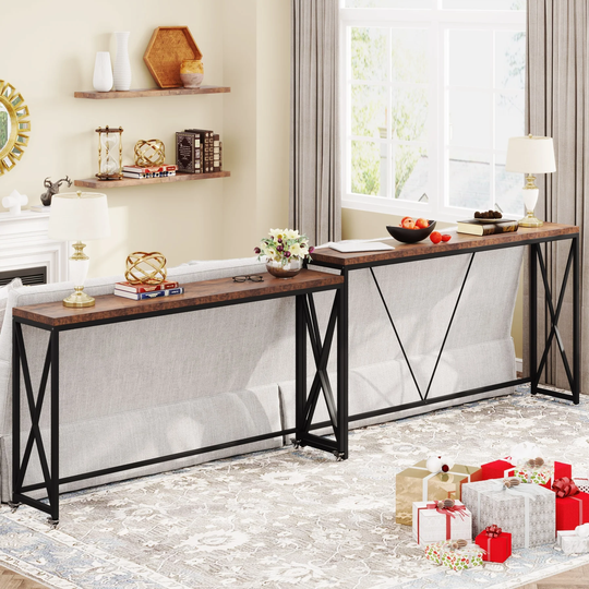 Sofa Table set of 2, Narrow Long Sofa Console Tables with Wheels, Industrial Entryway Table