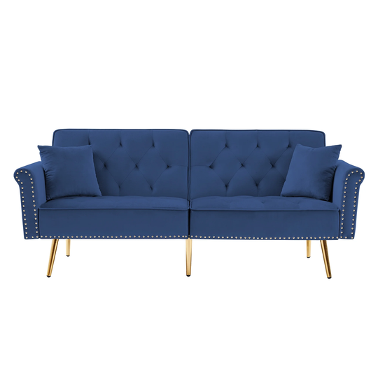Modern Velvet Accent Sofa Couch with 2 Pillows and Nailhead Trim, Loveseat Sofa Futon Sofa Bed with Metal Legs for Living Room