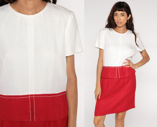 80S Pencil Dress Red White Color Block Mini Secretary High Waist Peplum Two Tone Wiggle 1980S Vintage Short Sleeve Medium