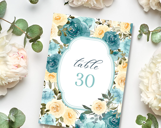 Set Of 30 Table Number Cards, Place Seating Chart | Teal Wedding Roses