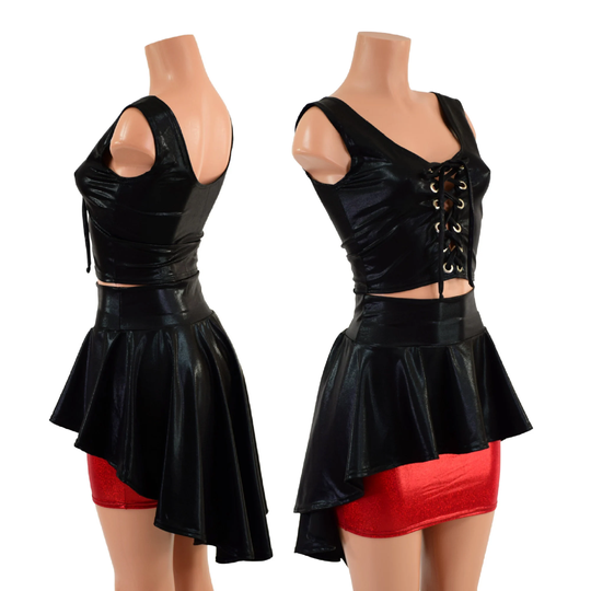 Black Mystique Lace Up Crop Tank, & Red Sparkly Jewel Bodycon Skirt With Waistband Hi Lo Peplum 157691