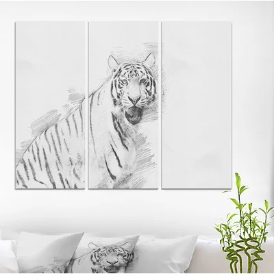 'Tiger in Black and White Pencil Sketch' Drawing Print Multi-Piece Image on Wrapped Canvas