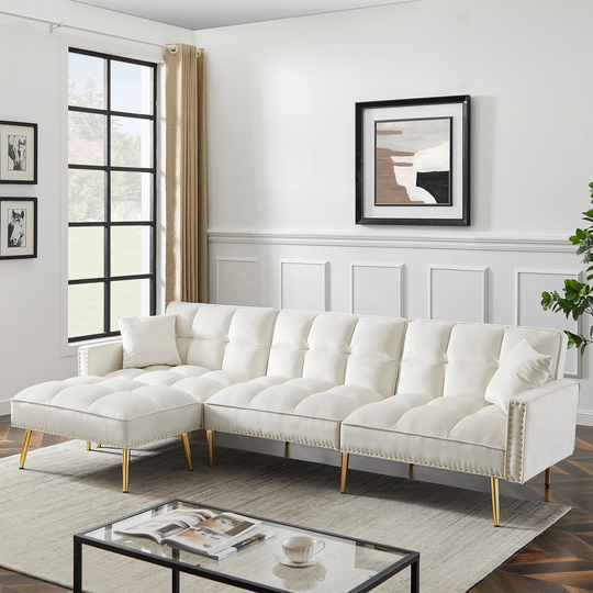 Velvet Reversible Sectional Sofa Bed Couch with Movable Ottoman